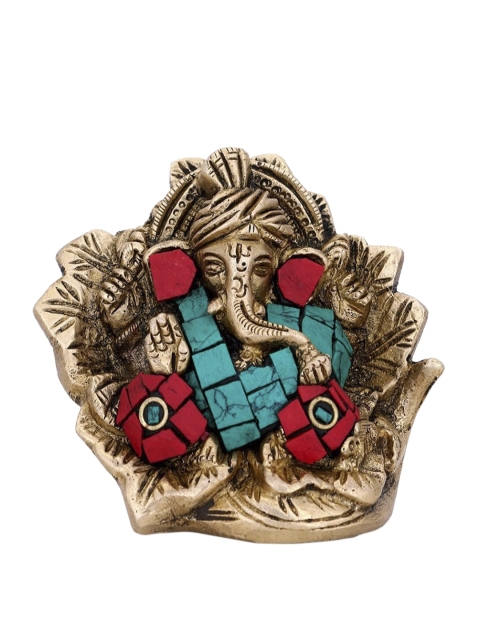 

CraftVatika Gold-Toned & Turquoise Blue Handcrafted Brass Pagdi Ganesha Idol