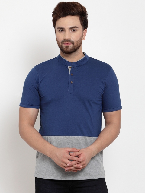 

Kalt Men Blue & Grey Melange Colourblocked Mandarin Collar T-shirt