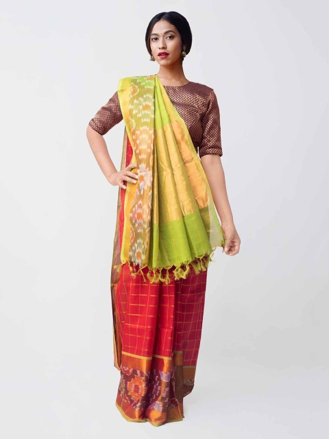 

Unnati Silks Red & Green Silk Cotton Woven Design Pure Handloom Kanjeevaram Saree
