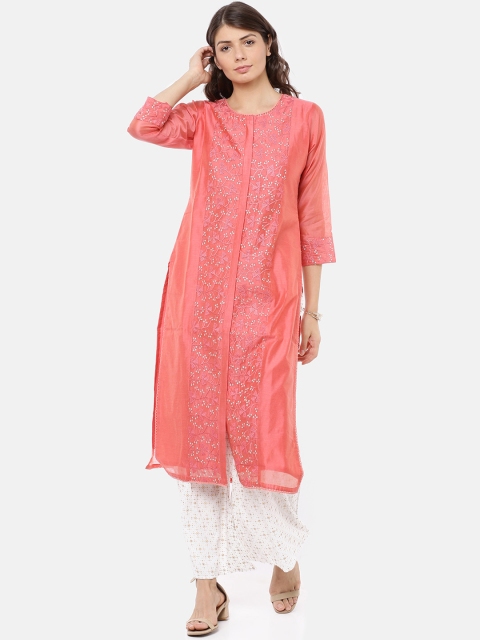 

GOLDSTROMS Women Peach-Coloured Embroidered Straight Kurta
