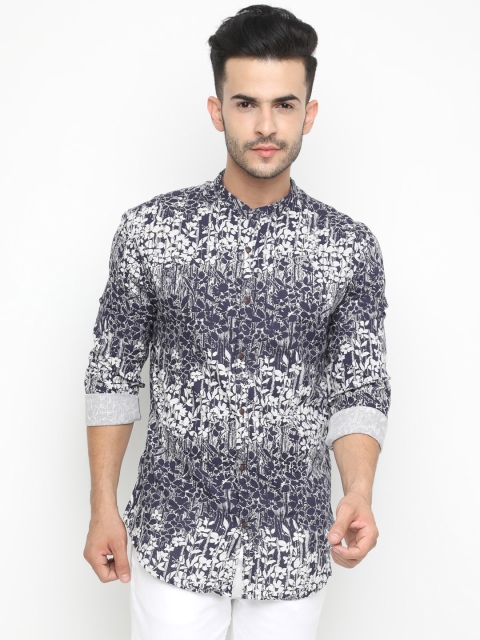 

WITH Men Navy Blue & White Slim Fit Floral Printed Casual Shirt