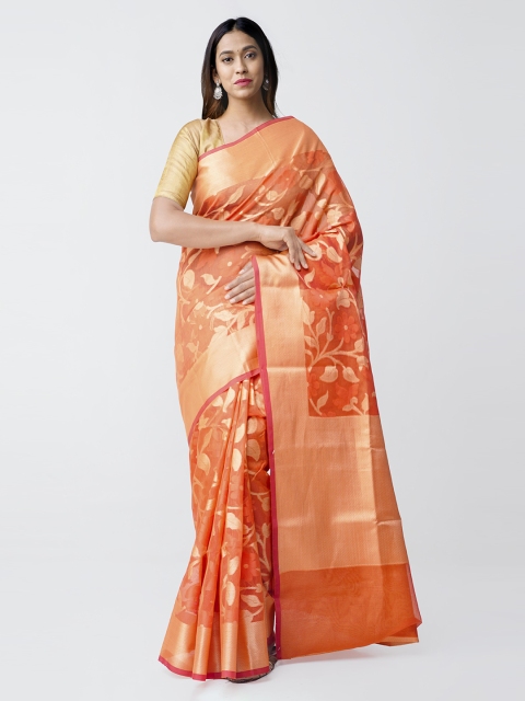 

Unnati Silks Orange Pure Banarasi Sico Jamdhani Brocade Handloom Saree