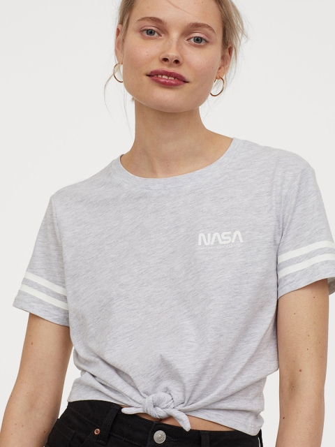 

H&M Women Grey Melange Solid Tie-Hem T-shirt