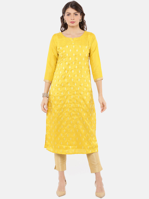 

GOLDSTROMS Women Yellow Embroidered Straight Kurta