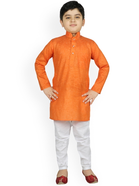 Boys Orange Self Design Kurta with Pyjamas