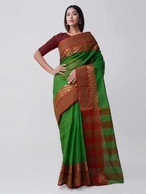 

Unnati Silks Green & Red Pure Cotton Pure Handloom Woven Design Taant Saree