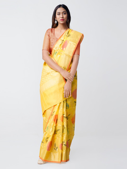 

Unnati Silks Yellow Silk Cotton Woven Design Banarasi Handloom Saree