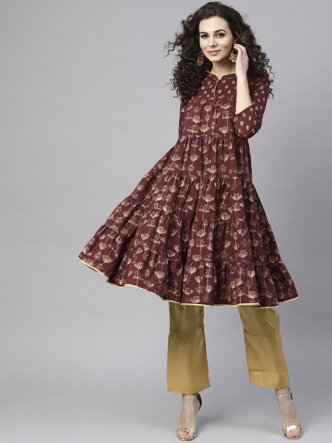 

AKS Women Maroon & Gold-Toned Printed A-Line Kurta
