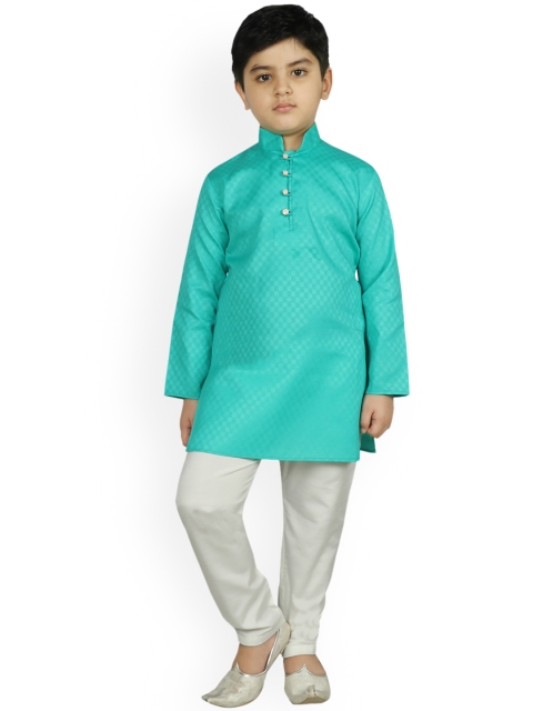 

SG YUVRAJ Boys Sea Green & Off-White Woven Design Kurta with Churidar