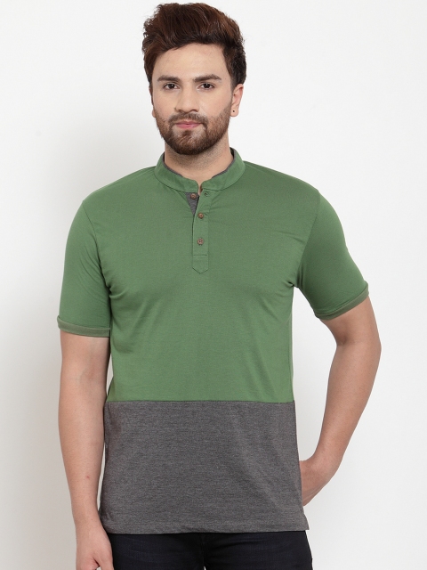 

Kalt Men Grey & Green Colourblocked Polo Collar T-shirt