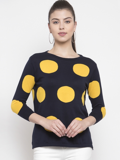 

Kalt Women Navy Blue & Yellow Polka Dots Print Round Neck T-shirt