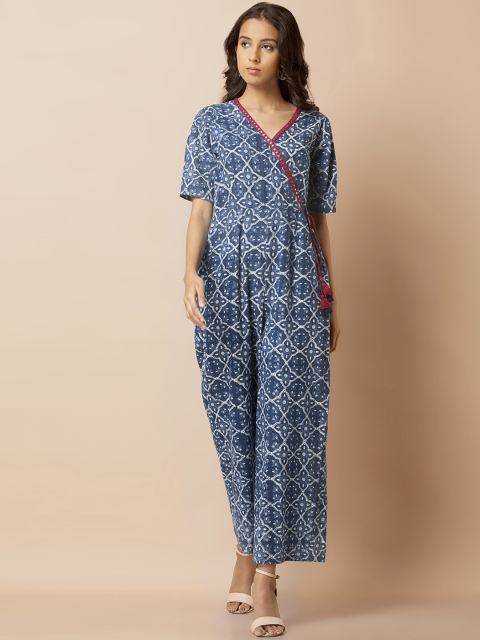 

INDYA Women Blue & White Printed Basic Jumpsuit