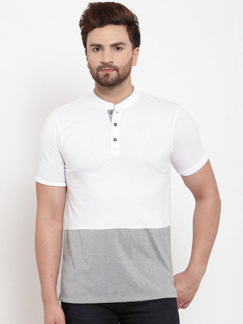 

Kalt Men Grey Melange Colourblocked Mandarin Collar T-shirt