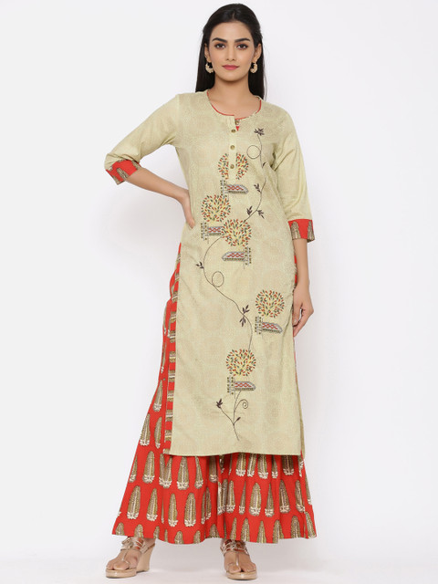 

Ishin Women Beige & Orange Embroidered Kurta with Palazzos