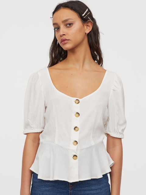 

H&M Women White Solid Puff-Sleeved Peplum Blouse