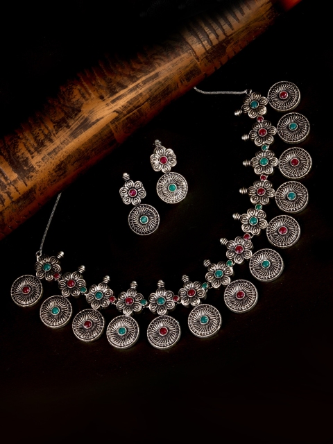 

LAIDA Oxidised Silver-Plated Red & Green Stone-Studded Jewellery Set