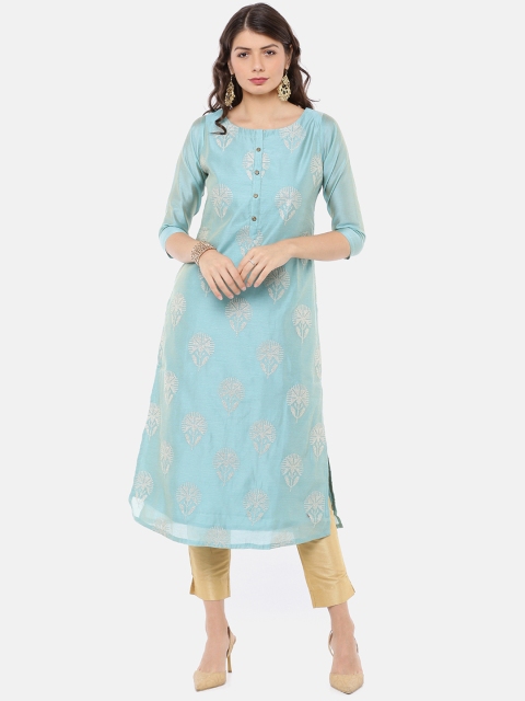 

GOLDSTROMS Women Blue & Silver Embroidered Straight Kurta