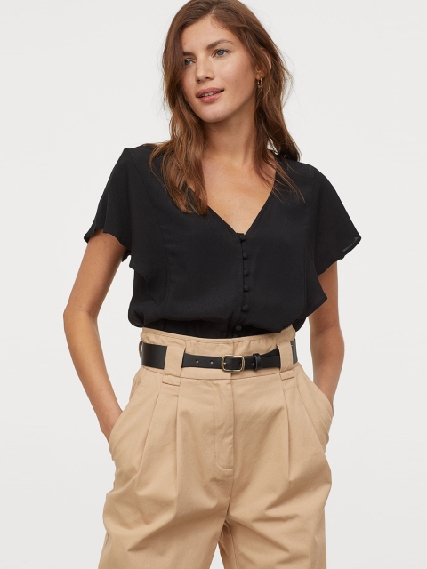 

H&M Women Black Solid Butterfly-Sleeved Blouse