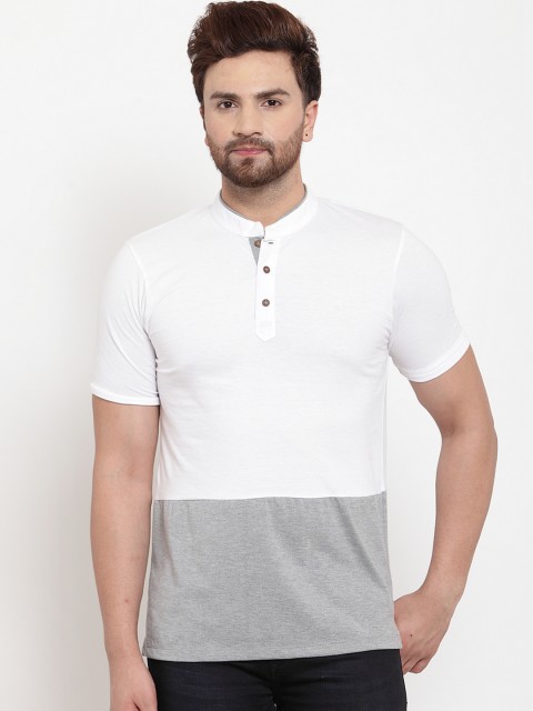 

Kalt Men Grey Melange Colourblocked Mandarin Collar T-shirt