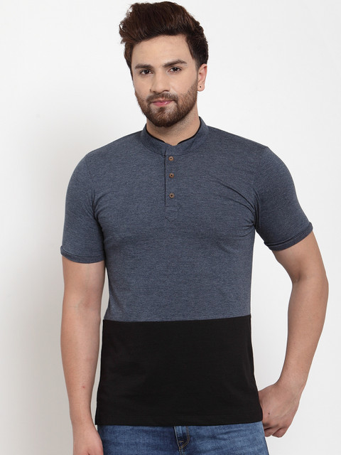

Kalt Men Black Colourblocked Mandarin Collar T-shirt