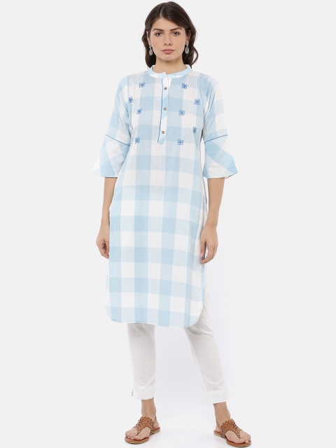 

GOLDSTROMS Women White & Blue Checked Straight Kurta