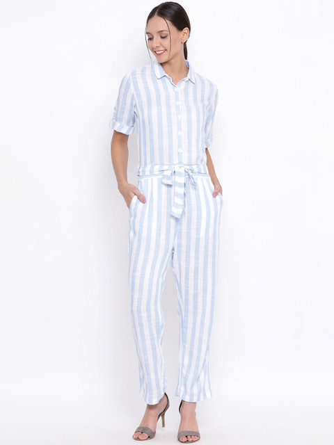 

Crimsoune Club Women Blue & Off-White Striped Basic Jumpsuit