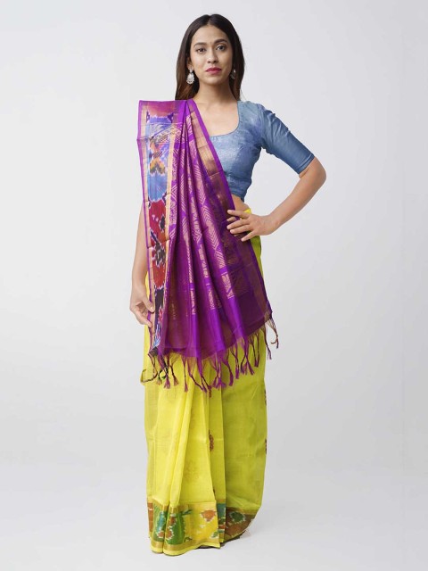 

Unnati Silks Yellow & Pink Silk Cotton Woven Design Pure Handloom Uppada Saree