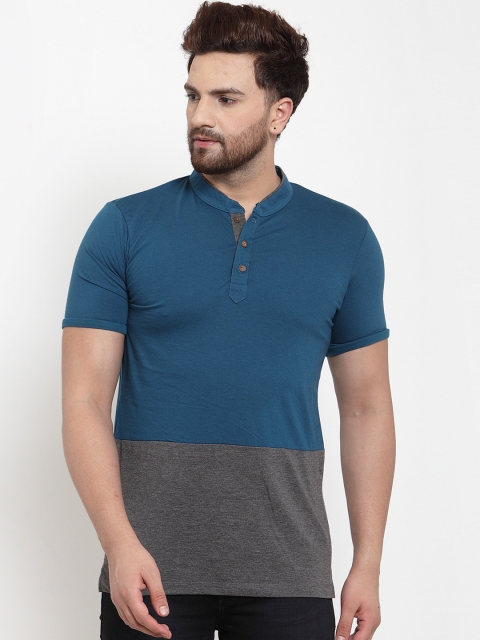 

Kalt Men Grey Colourblocked Mandarin Collar T-shirt