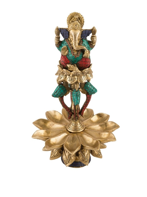 

CraftVatika Gold-Toned & Green Ganesh Puja Light Stand Brass Showpiece