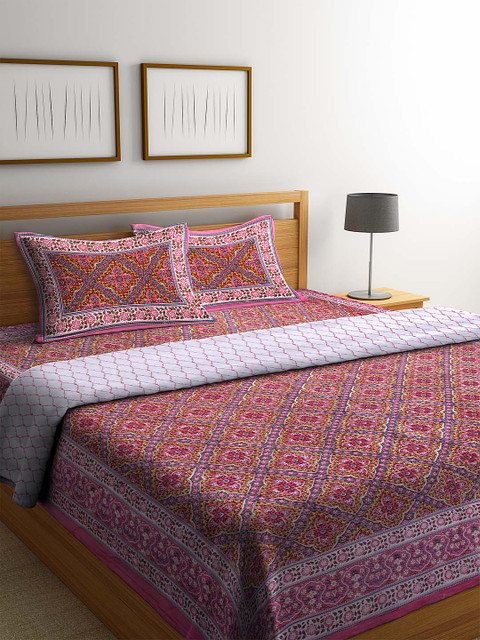 

Rajasthan Decor Pink Double King Bedsheet With 2 Pillow Covers & Reversible AC Comforter