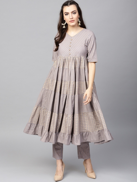 

AKS Women Grey & Gold-Toned Striped Anarkali Kurta