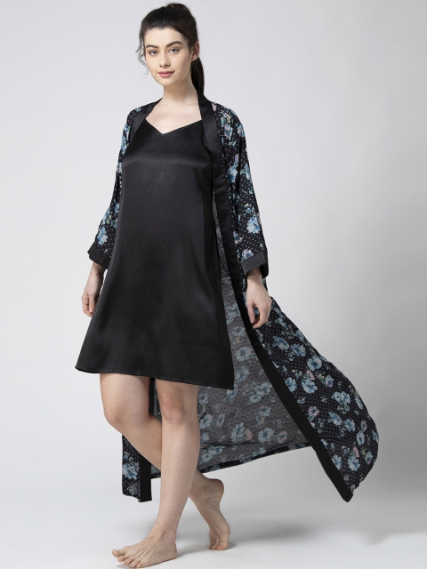

ADORENITE Black & Blue Solid Nightdress with Floral Robe