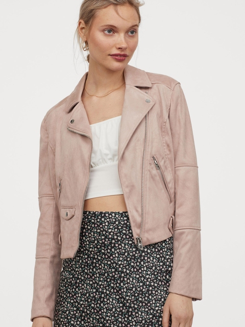 

H&M Women Pink Solid Imitation Suede Biker Jacket
