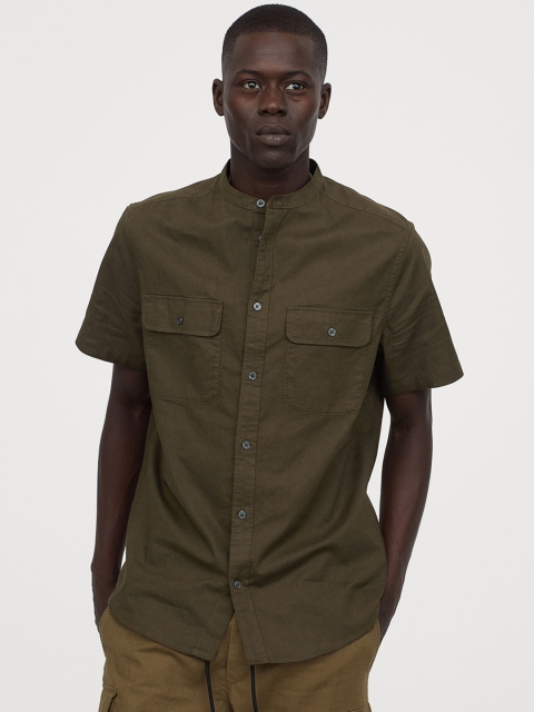 

H&M Men Green Solid Grandad Shirt Regular Fit
