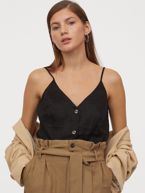 

H&M Women Black Solid Linen Top