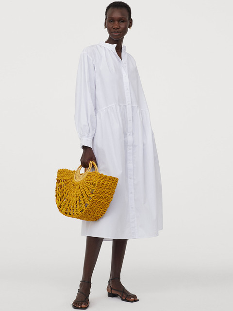 

H&M Women White Solid Long-Sleeved Cotton Dress