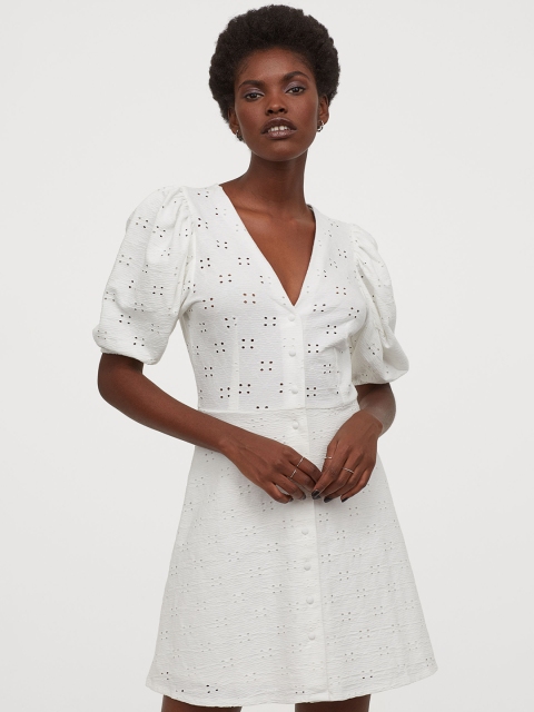 

H&M Women White Puff-Sleeved Cotton Dress
