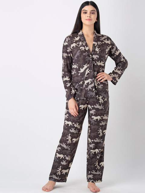 

ADORENITE Women Brown & Off-White Printed Night suit