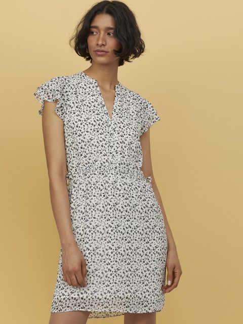 

H&M Women White & Black Floral Print V-Neck Dress