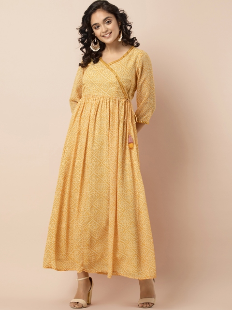 INDYA Women Yellow Printed A-Line Fusion Kurta