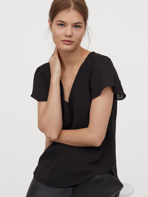 

H&M Women Black Solid Flutter-Sleeved Top