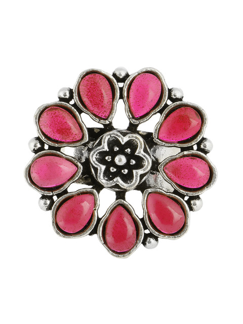 

Adwitiya Collection Oxidized Silver-Plated Pink Stone-Studded Adjustable Finger Ring