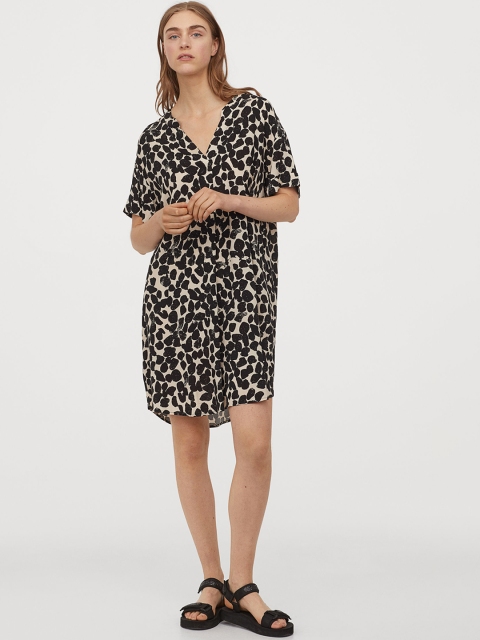 

H&M Women Black & Beige Printed V-Neck Dress