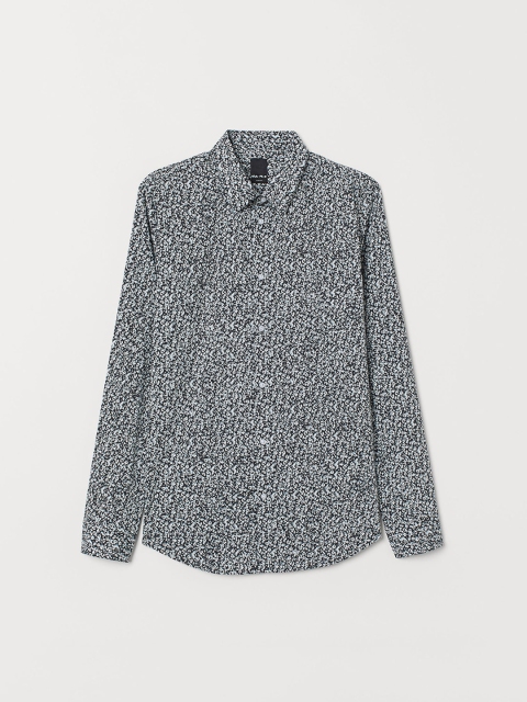 

H&M Men White & Black Printed Stretch Shirt Slim Fit