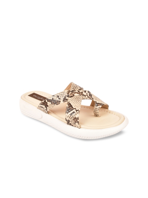 VALIOSAA Women Cream & Brown Textured Animal Print Flatform