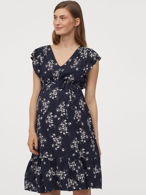H&M Women Navy Blue & White Floral Printed MAMA Butterfly-Sleeved Dress