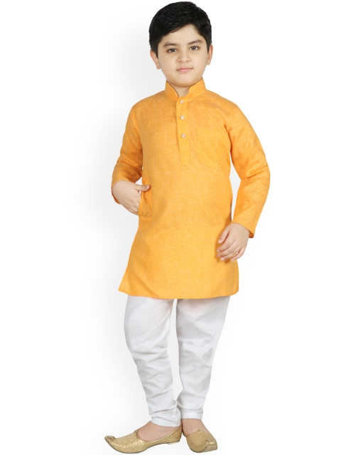 Boys Orange & White Solid Kurta with Pyjamas