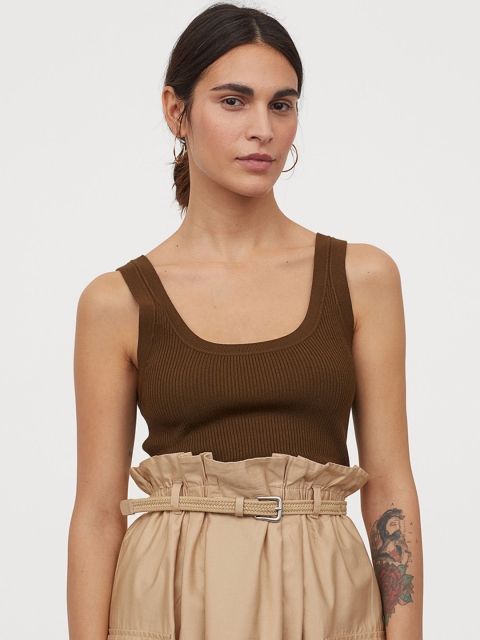 

H&M Women Olive Brown Ribbed Vest Top