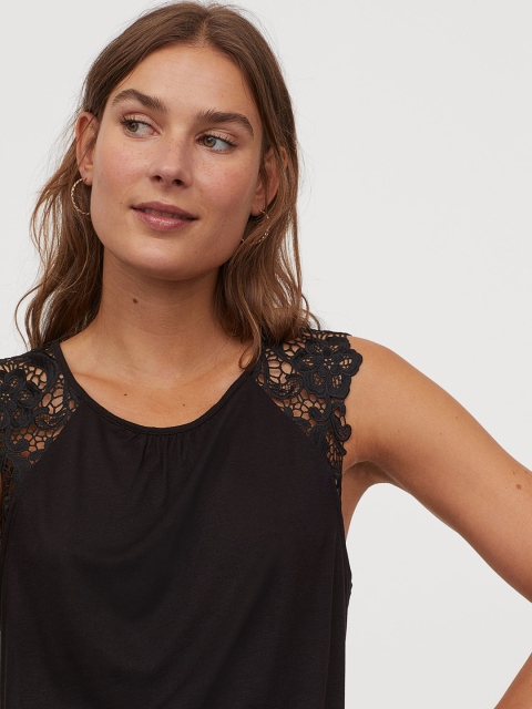 

H&M Women Black Solid Lace-Trimmed Jersey Top