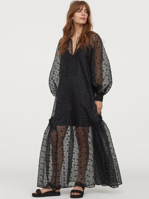 

H&M Women Black Embroidered Organza Kaftan Dress
